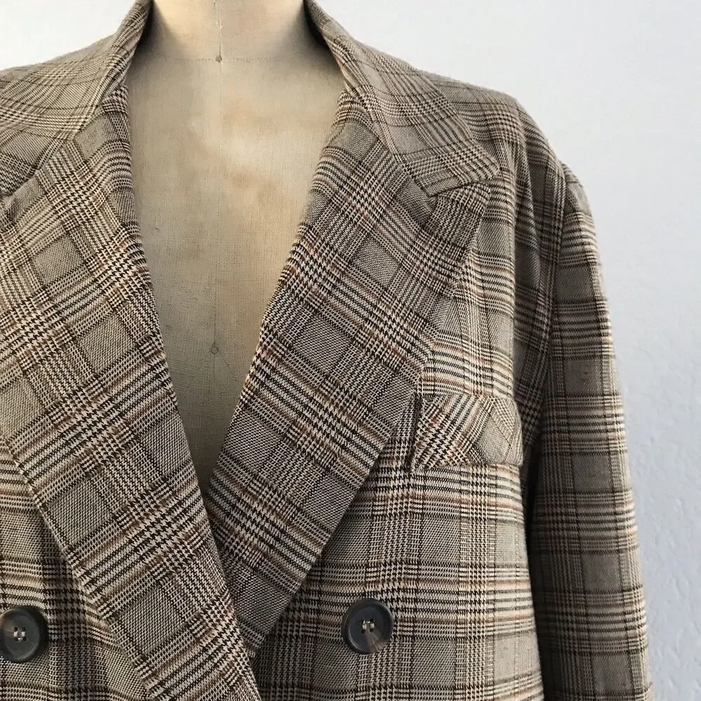 The Vintage Shop Brown Plaid Double Breasted Blazer Jacket Academia Womens L